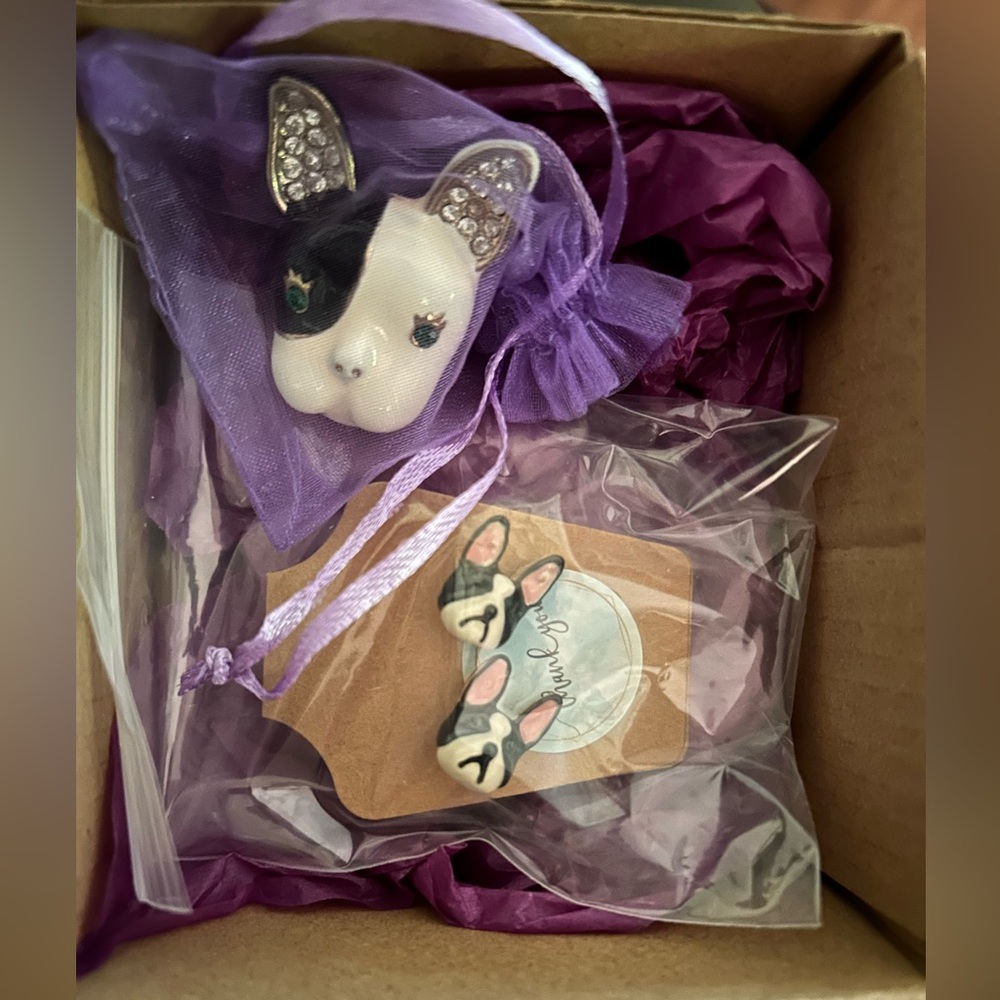 Betsey Johnson Boston/Pitbull Terrier Dog Face Earring and Ring with Rhinestones